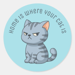 Pegatina Redonda Gato Tabby Gris Malhumorado Texto Personalizado Az