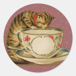 Pegatina Redonda Gato Taza de Té Lindo Vintage Victoriano Mascota C