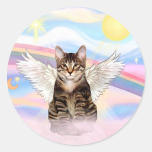 Pegatina Redonda Gato Tigre Tabby Ángel en Nubes