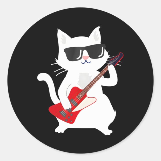 Pegatina Redonda Gato tocando guitarra bass (Anverso)