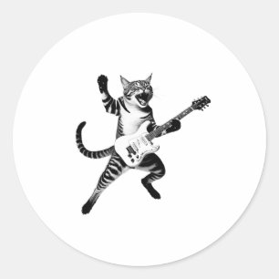 Pegatina Redonda Gato Tocando Rock De Guitarra Y Banda De Rollo Hom