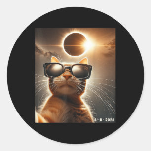 Pegatina Redonda Gato Tomándose Un Selfie Con El Eclipse Solar 2024