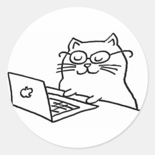 Pegatina Redonda Gato trabajando en laptop