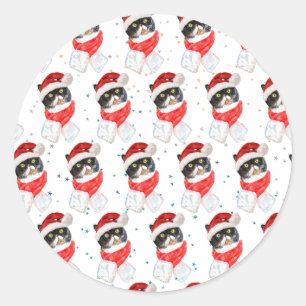 Pegatina Redonda Gato Tricolor de Navidad Acuarela con Bufanda