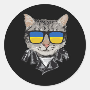 Pegatina Redonda Gato Ucrania Bandera Sungles - Gato Ucraniano Geni