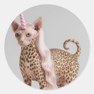 Pegatina Redonda Gato Unicornio Leopardo Glam en Tacones de Pelaje