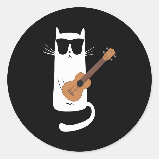 Pegatina Redonda Gato usando gafas de sol jugando a Ukulele (Anverso)