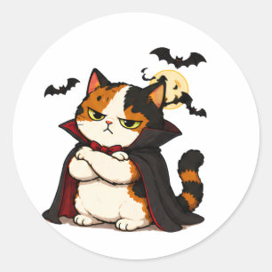 Pegatina Redonda Gato vampiro gruñón de Halloween