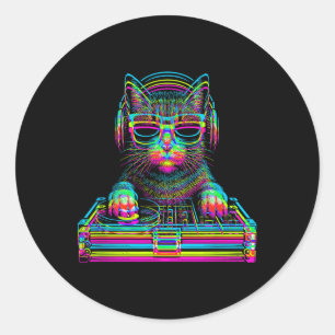 Pegatina Redonda Gato Vaporwave Dj Techno Rave Edm Concierto de Mús