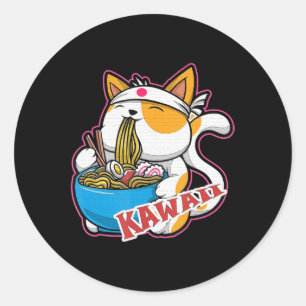 Pegatina Redonda gato vintage kawaii comiendo ramen anime retro jap