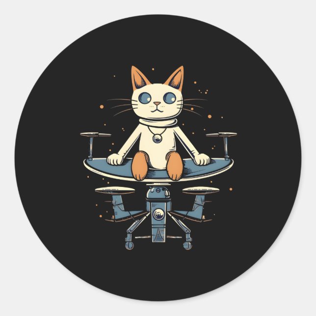Pegatina Redonda Gato Volando Con Drones Piloto De Drones Quadcopte (Anverso)