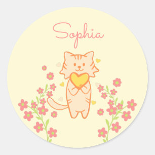 Pegatina Redonda Gato y corazón de flor suave