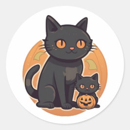 Pegatina Redonda Gato y gatito negros de Halloween