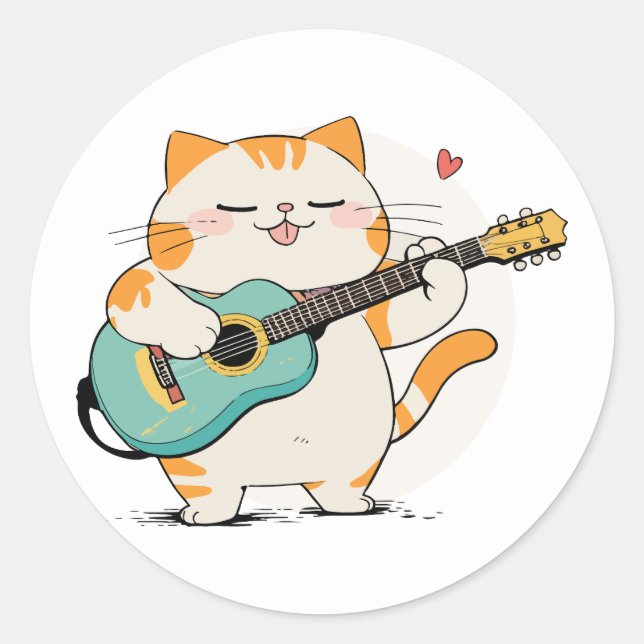 Pegatina Redonda Gato y guitarra (Anverso)