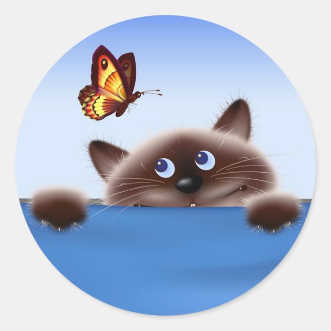 Pegatina Redonda Gato y mariposa (Anverso)