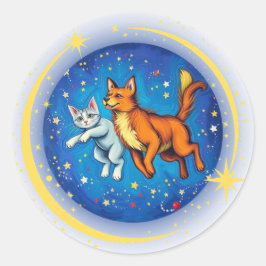 Pegatina Redonda Gato y perro en el espacio