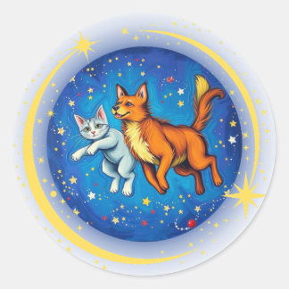 Pegatina Redonda Gato y perro en el espacio