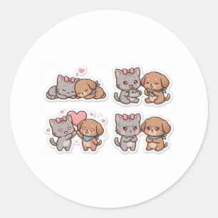 Pegatina Redonda Gato y perro kawaii lindos amigos Sticker - Gris
