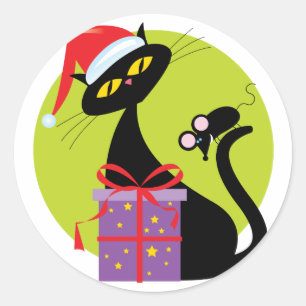 Pegatina Redonda Gato y ratón navidades