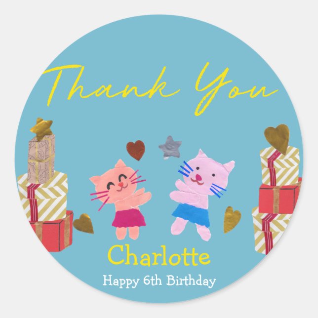 Pegatina Redonda Gato y regalos cortos | Fiesta de cumpleaños azul (Anverso)