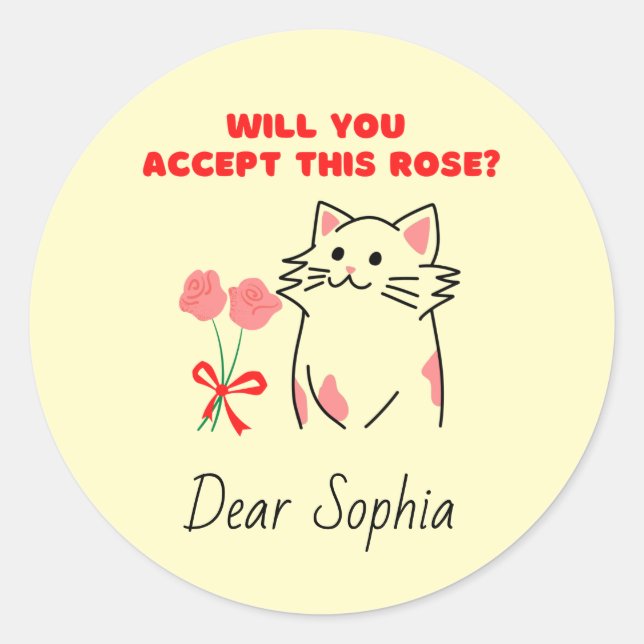 Pegatina Redonda Gato y Rosa Adorable (Anverso)
