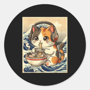 Pegatina Redonda Gatos Anime Ramen Jugador Arte Japonés Retro Vinta
