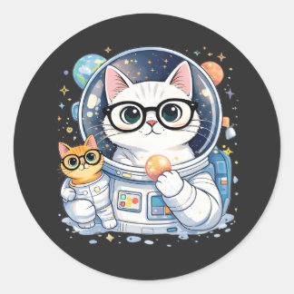 Pegatina Redonda Gatos Astronautas Adorables Explorando la Galaxia