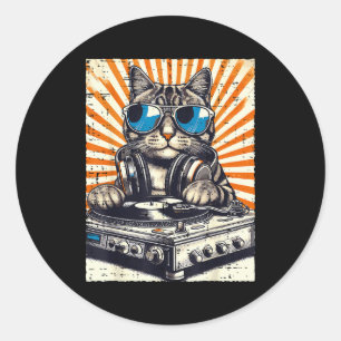 Pegatina Redonda Gatos Auriculares Dj Tornamesa Música Vintage Edm