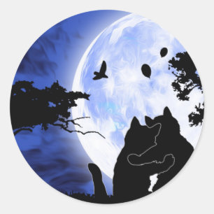 Pegatina Redonda gatos con luna llena