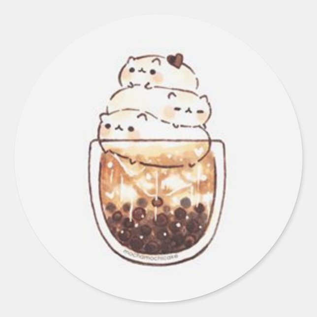 Pegatina Redonda Gatos Cutos en la Copa de Café (Anverso)