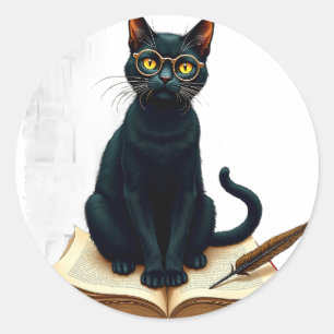 Pegatina Redonda Gatos de Academia Oscura Gafas de Lectura Libro de