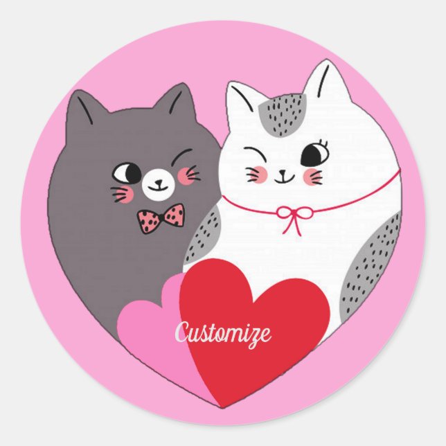 Pegatina Redonda Gatos de amor personalizados rosados (Anverso)