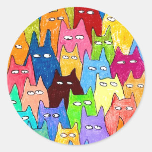 Pegatina Redonda Gatos de dibujos animados divertidos dibujo a lápi