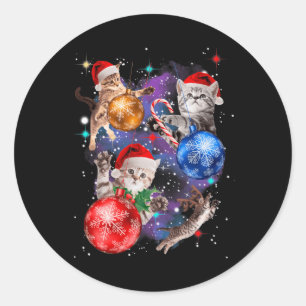 Pegatina Redonda Gatos De Navidades Cutos En Ornamentos Espaciales 