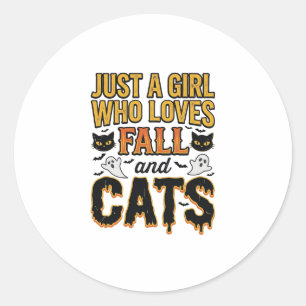 Pegatina Redonda Gatos de otoño Diseño gráfico vintage de niña de H