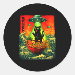 Pegatina Redonda Gatos de ramen alienígena Ovni Japonés Arte Retro 