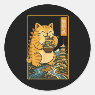 Pegatina Redonda Gatos divertidos Catzilla Anime Ramen japonés Homb