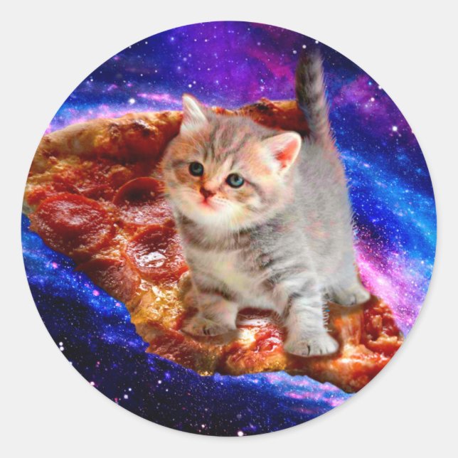 Pegatina Redonda Gatos en pizza espacial (Anverso)