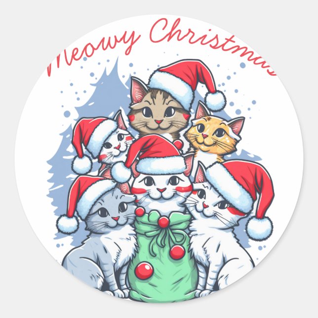 Pegatina Redonda Gatos Feliz Navidad, Meowy Navidades, regalo graci (Anverso)