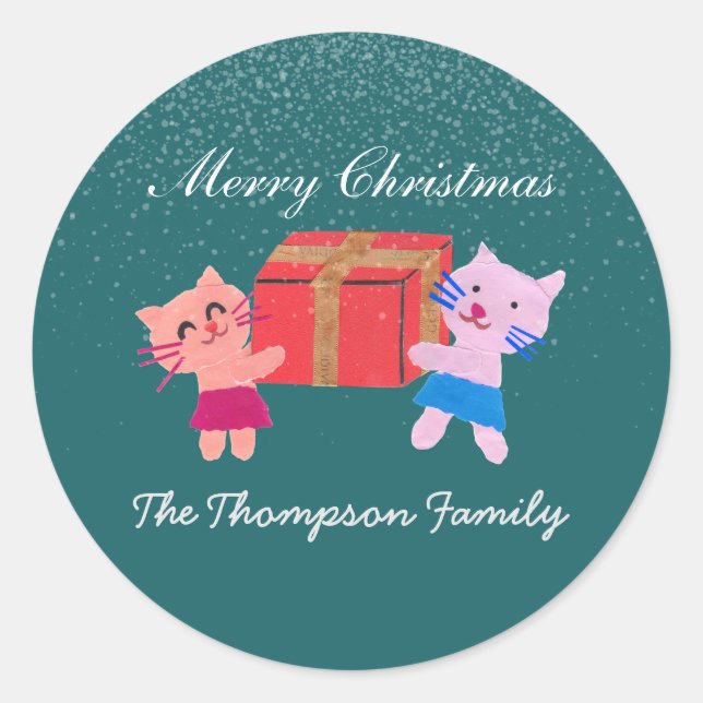 Pegatina Redonda Gatos festivos con caja de regalo Navidades de col (Anverso)