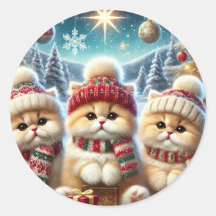 Pegatina Redonda Gatos gatitos en decoración festiva de Navidades y