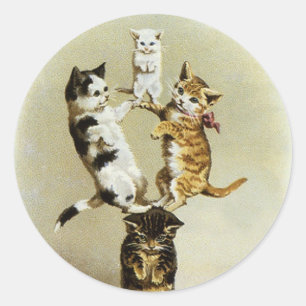 Pegatina Redonda Gatos Gatitos Victorianos Lindos Antiguos, Humor