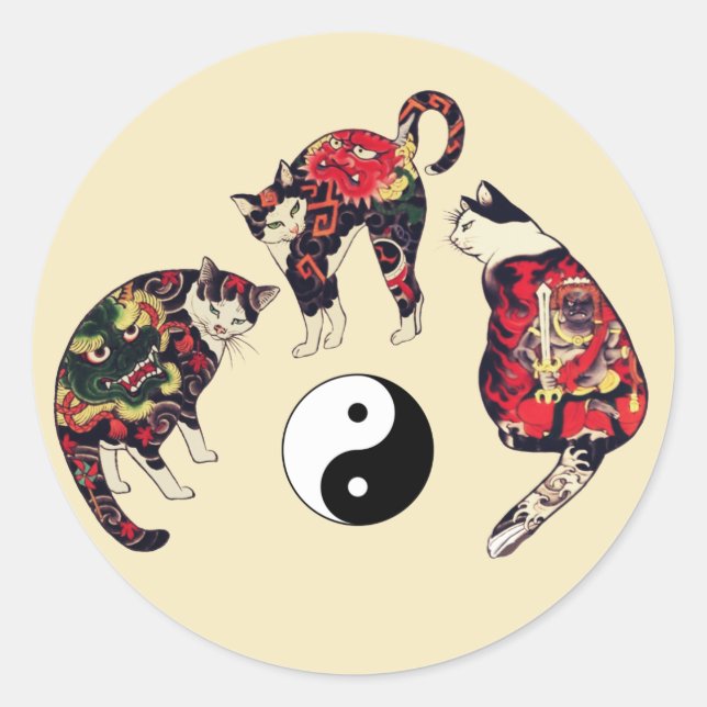 PEGATINA REDONDA GATOS JAPONESES, DRAGON RED DEVIL TATTOOS, YIN YAN (Anverso)