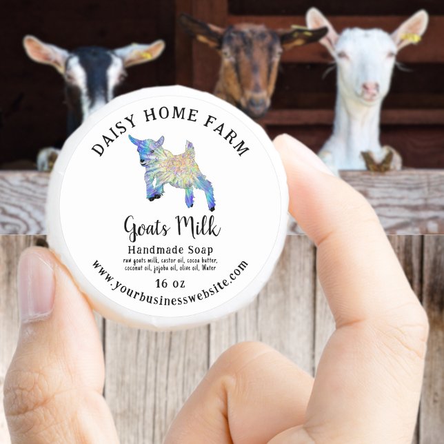 Pegatina Redonda Gatos Leche Jabón Nombre comercial Ingredientes de (Goats milk soap custom homemade produce label business website Cute colorful goat jumping)