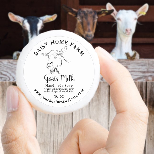 Pegatina Redonda Gatos Leche Jabón Nombre comercial Ingredientes de (Goats milk handmade soap custom business product label name website ingredients weight black & white)