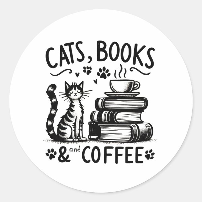 Pegatina Redonda Gatos, libros y café (Anverso)