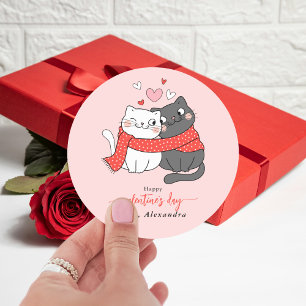 Pegatina Redonda Gatos Lindos Enamorados Día de San Valentín Rosa S