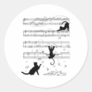 Pegatina Redonda Gatos Lindos Jugando Con Profesor de Partitura Mus