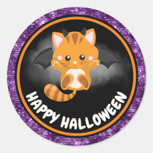 Pegatina Redonda Gatos lindos niños y purpurina morada feliz Hallow