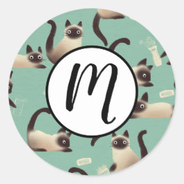 Pegatina Redonda Gatos malvados siameses golpean las cosas